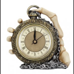 About Time Skeleton Hand and Pocket Watch Mantel Clock 14cm
