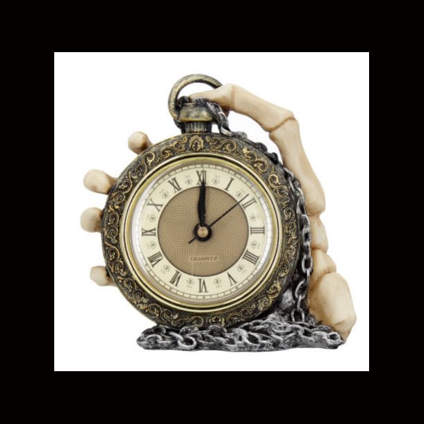 About Time Skeleton Hand and Pocket Watch Mantel Clock 14cm