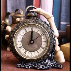 About Time Skeleton Hand and Pocket Watch Mantel Clock 14cm