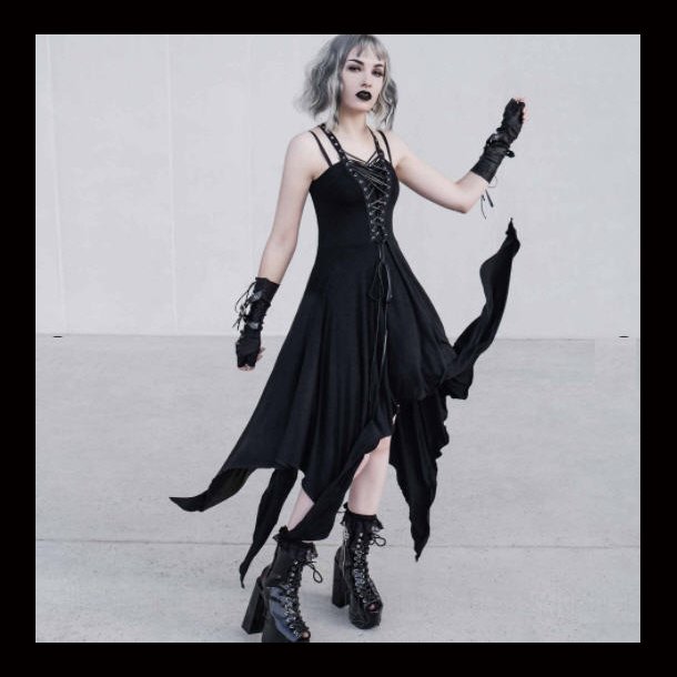 Avelina -Gothic style women's black dress with straps by Dark In Love