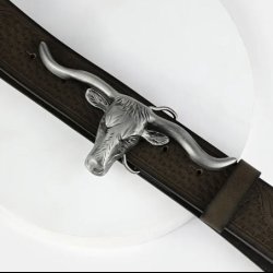 Bull Head Buckle Belt with Embossed Strap
