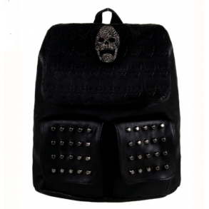 Black Gothic Metal Skull Head Twin Studded Tassel Tie Backpack