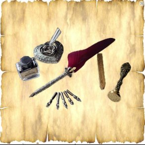 Caligraphy set with goose quill, ink and seal stamp