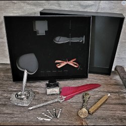 Caligraphy set with goose quill, ink and seal stamp