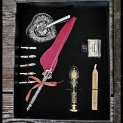 Caligraphy set with goose quill, ink and seal stamp