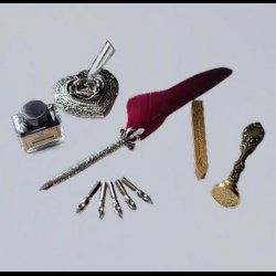 Caligraphy set with goose quill, ink and seal stamp