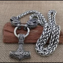 Nordic Viking Thor's Hammer Pendant with Wolf Head Necklace