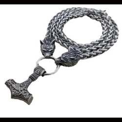 Nordic Viking Thor's Hammer Pendant with Wolf Head Necklace