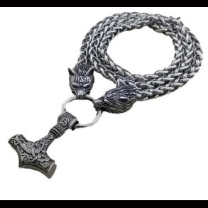 Nordic Viking Thor's Hammer Pendant with Wolf Head Necklace