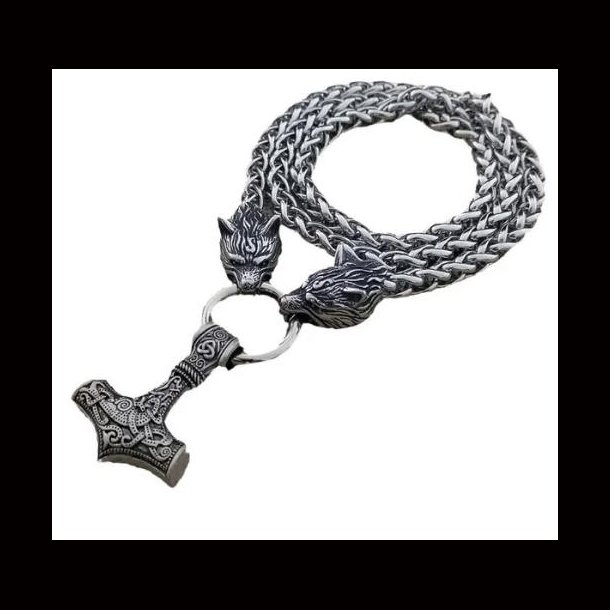 Nordic Viking Thor's Hammer Pendant with Wolf Head Necklace