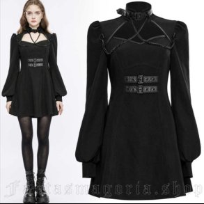 Stranger Things - women's Nu Goth black short skater dress with bishop sleeves and neckline cut-out 