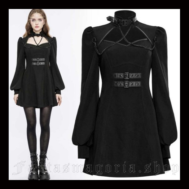 Stranger Things - women's Nu Goth black short skater dress with bishop sleeves and neckline cut-out 