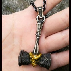 Viking Gold Skull Thor Hammer Pendant Necklace 