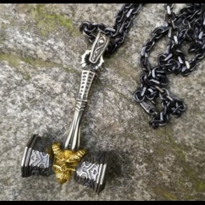 Viking Gold Skull Thor Hammer Pendant Necklace 
