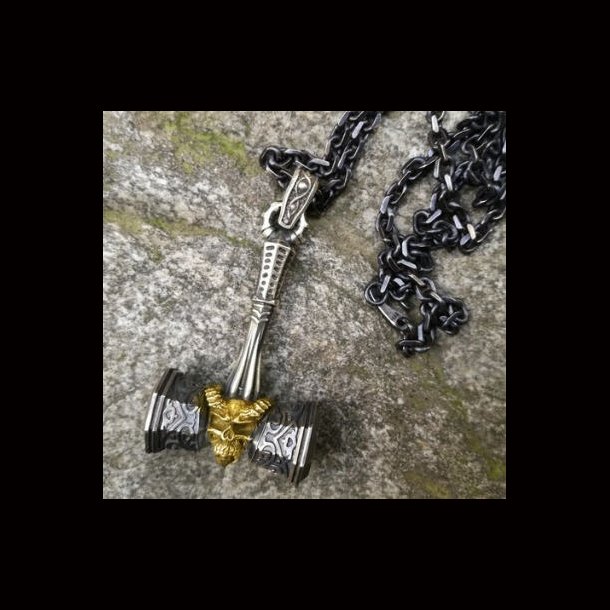 Viking Gold Skull Thor Hammer Pendant Necklace 
