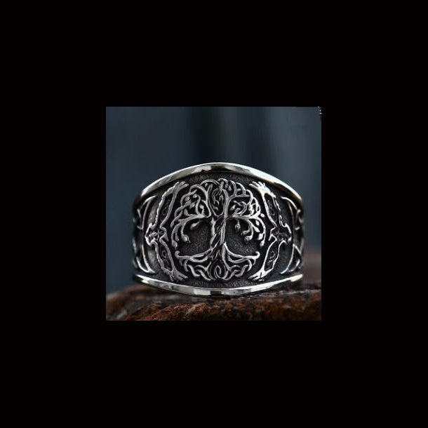 Viking Tree of Life Ring with 2 Ravens 