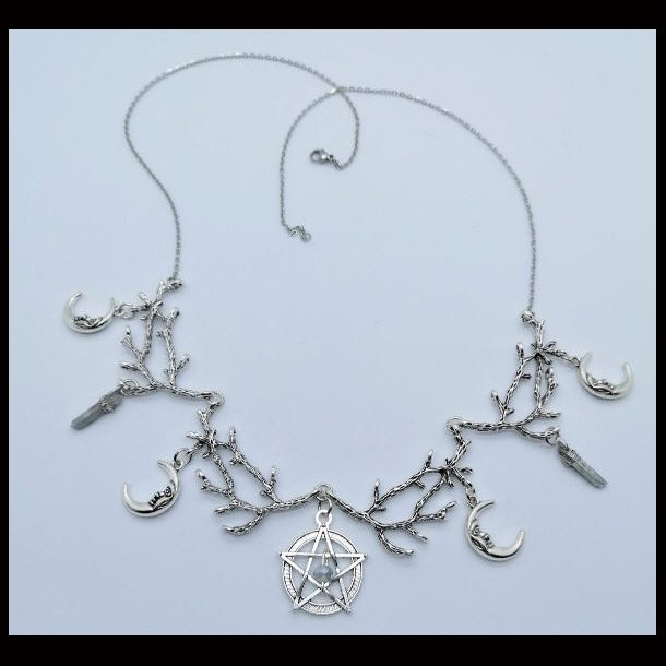 Wicca necklace with pentagram and Moons