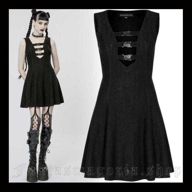 Wicked Visions - black three buckles front sleeveless short skater dress